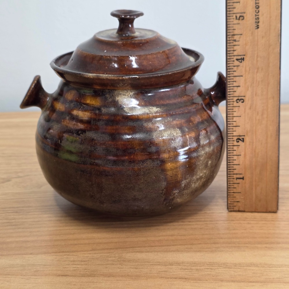 Vintage Stoneware Pot‎ with Lid Handcrafted Rustic Brown Ceramic Kitchenware - Picture 8 of 9